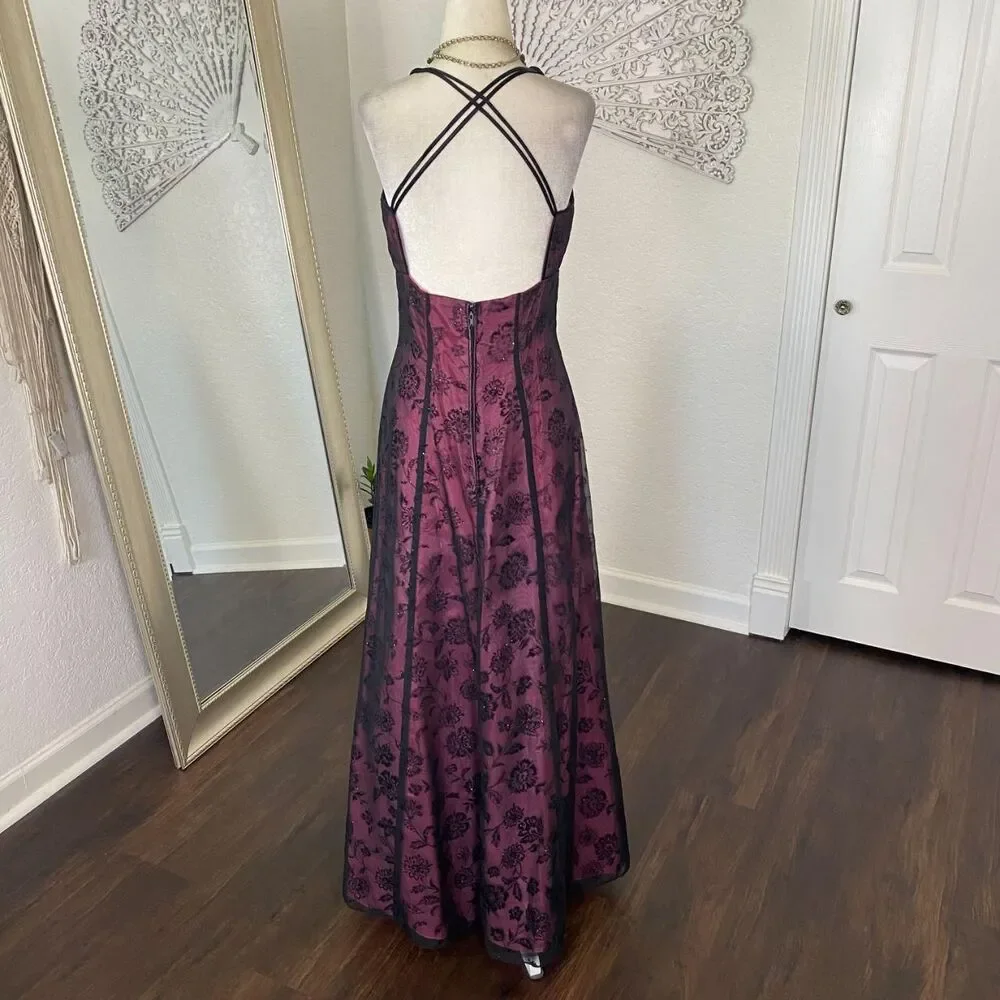 Early 2000's Whimsygoth Black Pink Purple Mesh Rose Crushed Velvet Prom Dress S - Picture 4 of 8